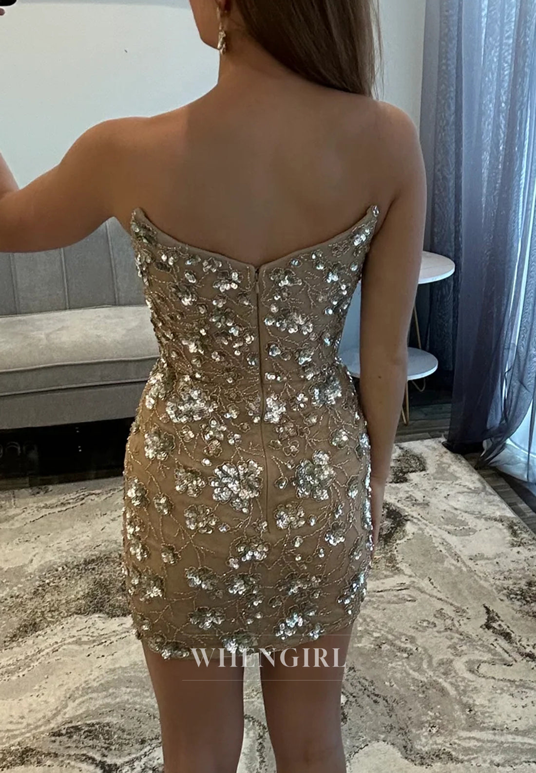 Sand V Neck Floral Sleeveless Sheath Back Zipper Short Homecoming Dress