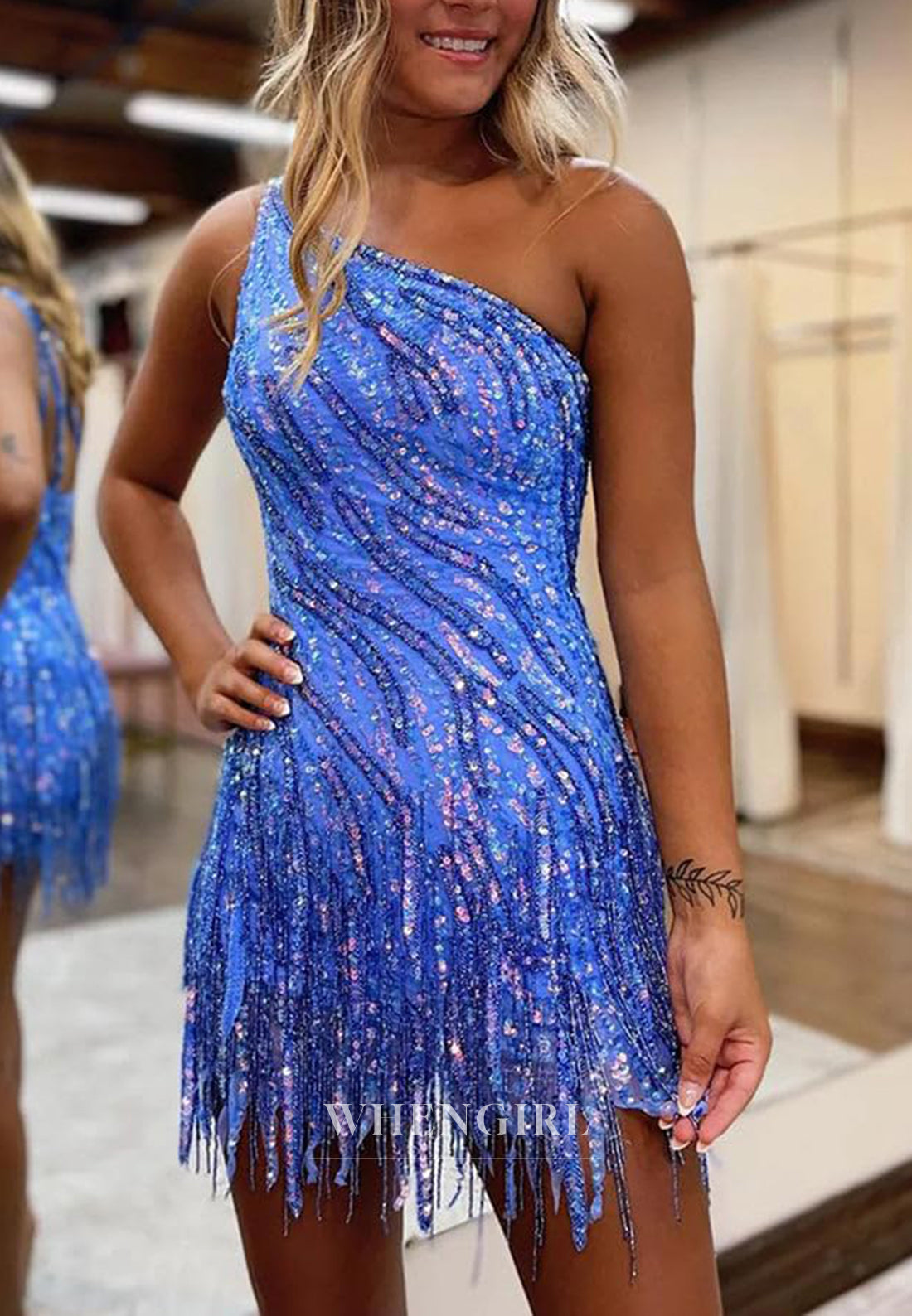 One Shoudler Sequins Beading Sheath Tassels Short Homecoming Dress