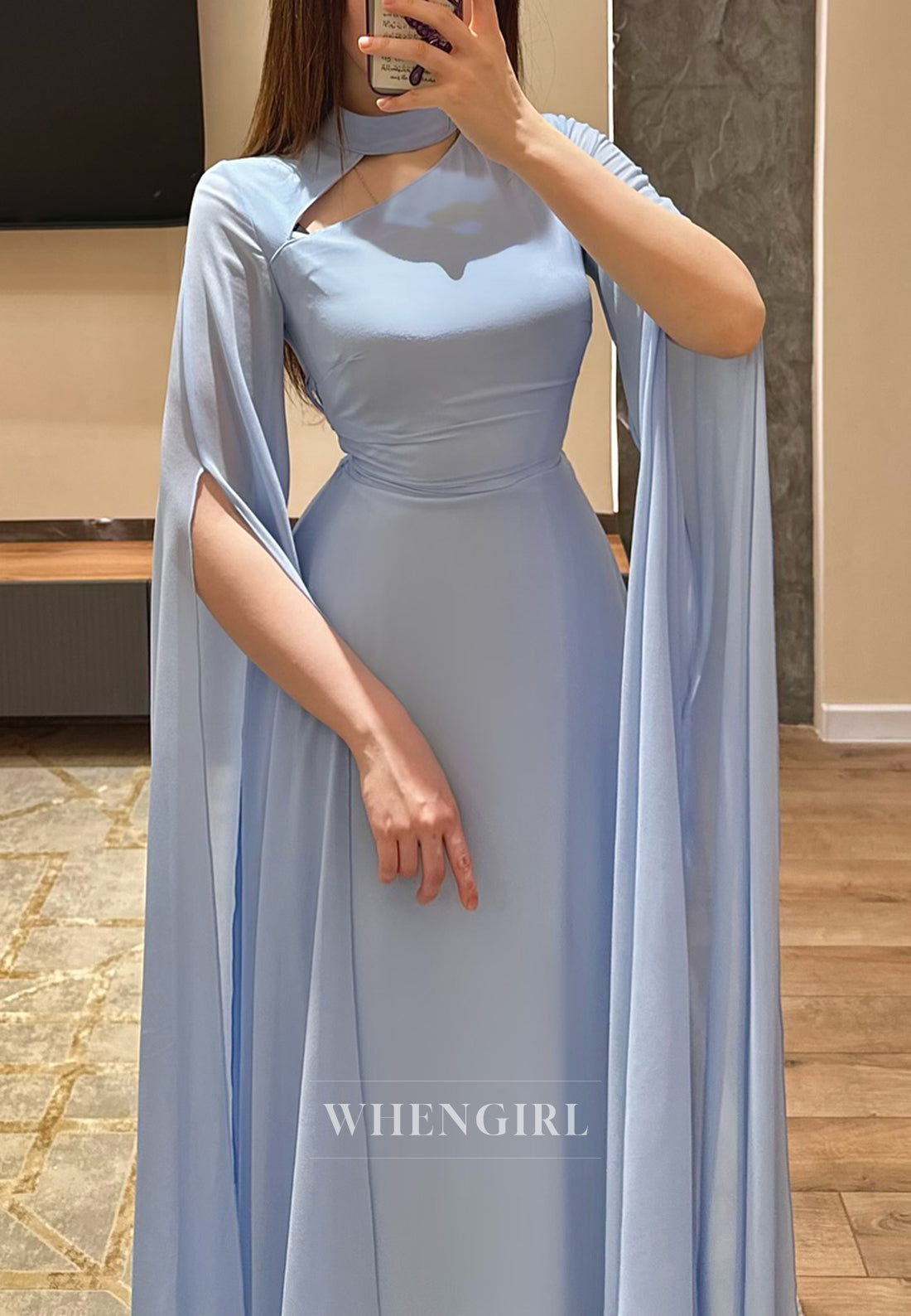 Sky Blue Sheath Floor Length Cut Out High Neck Chiffon Formal Evening Dress with Long Sleeves
