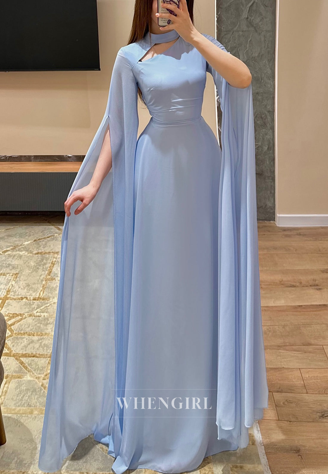 Sky Blue Sheath Floor Length Cut Out High Neck Chiffon Formal Evening Dress with Long Sleeves