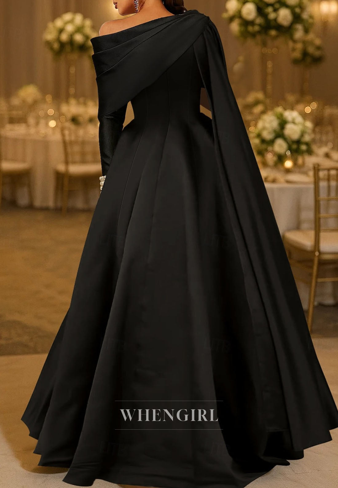 A-Line One Shoulder Long Sleeves Satin Mother of the Bride Dress