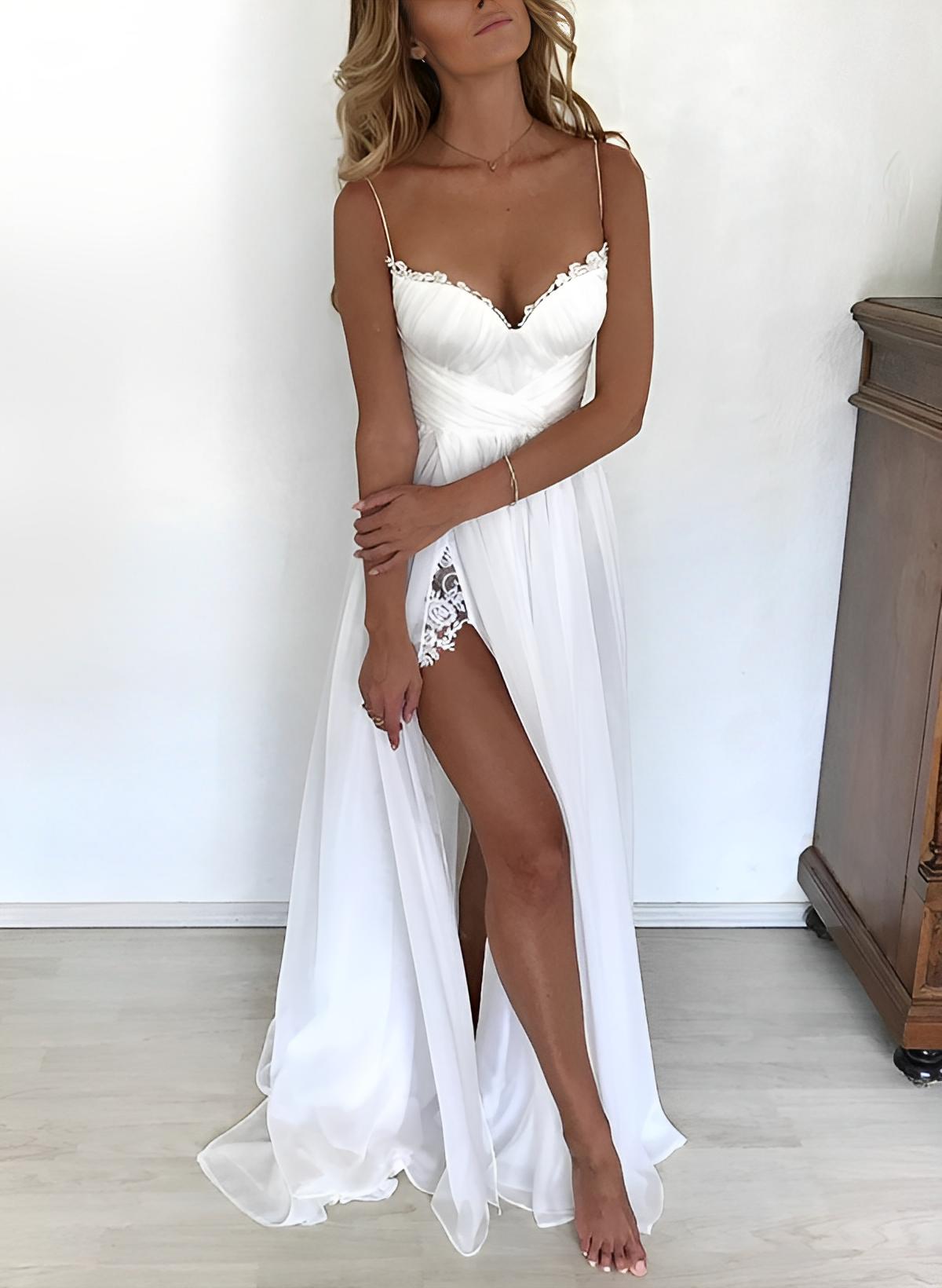 A-Line Spaghetti Straps Sweetheart Wedding Dress Sleeveless Appliques Pleats Lace Boho Gowns with Slit
