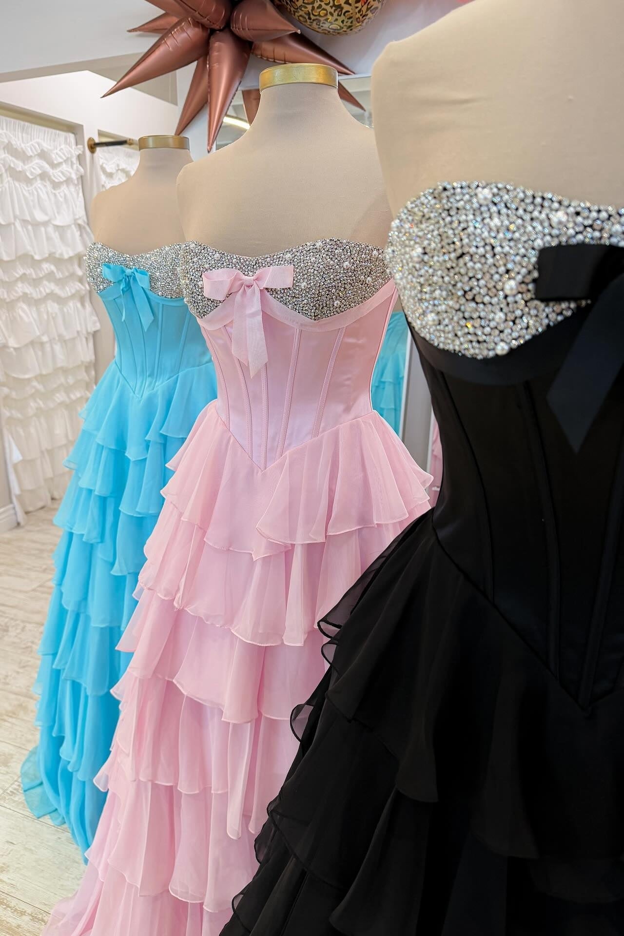 Beaded Neck Light Pink Tiered Long Dress with Bow