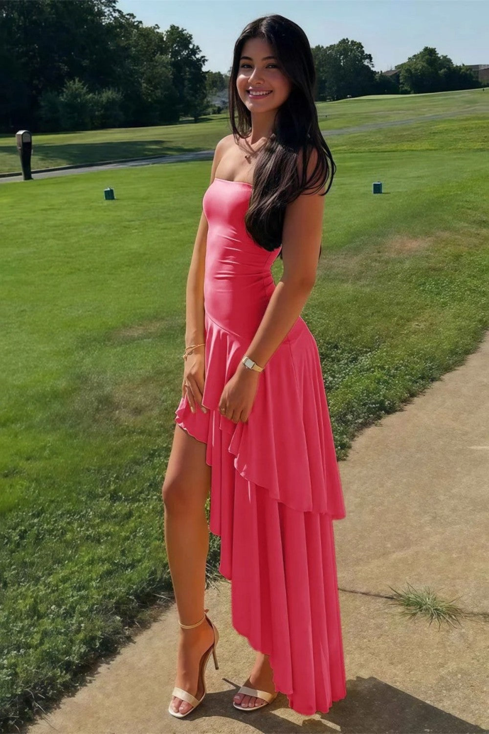 Beautiful A Line Strapless Long Prom Dress with Ruffles