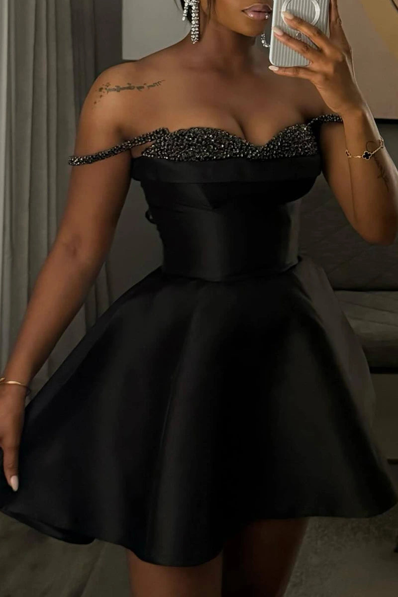 Black Beaded Sweetheart Sleeveless Satin A-Line Homecoming Dress