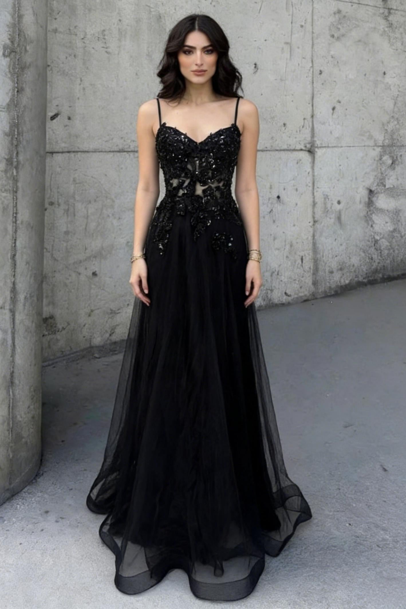 Black Beaded Spaghetti Straps A-Line Prom Dress with Sheer Bodice