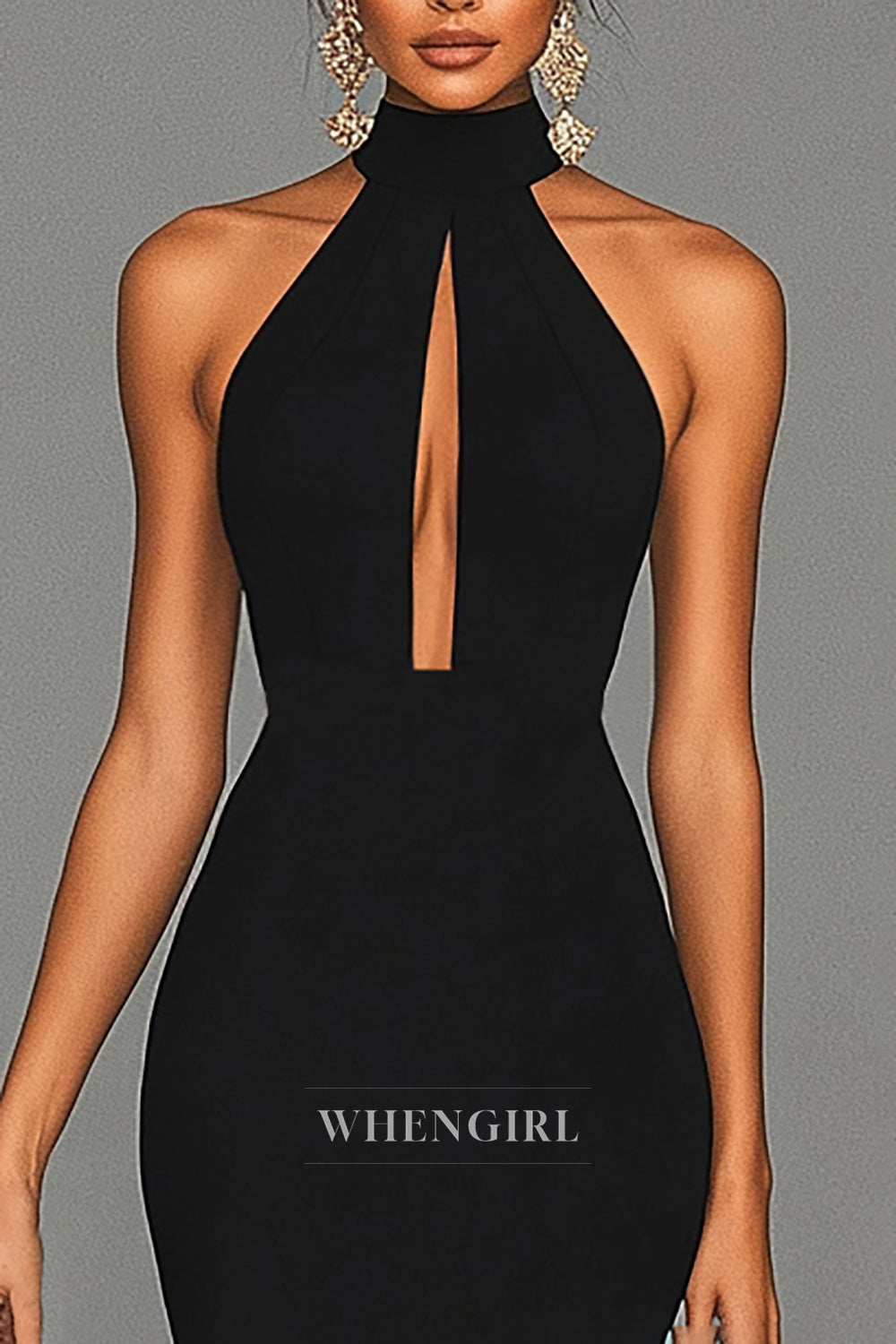 Sexy High Neck Sleeveless Sheath High Slit Satin Gala Dress Formal Gowns with Cut Outs