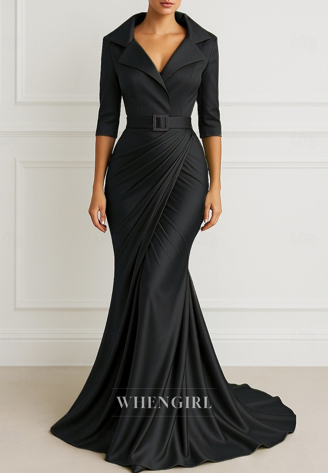 V Neck Mermaid Belt 3/4 Sleeves Sweep Train Mother of the Bride Dress