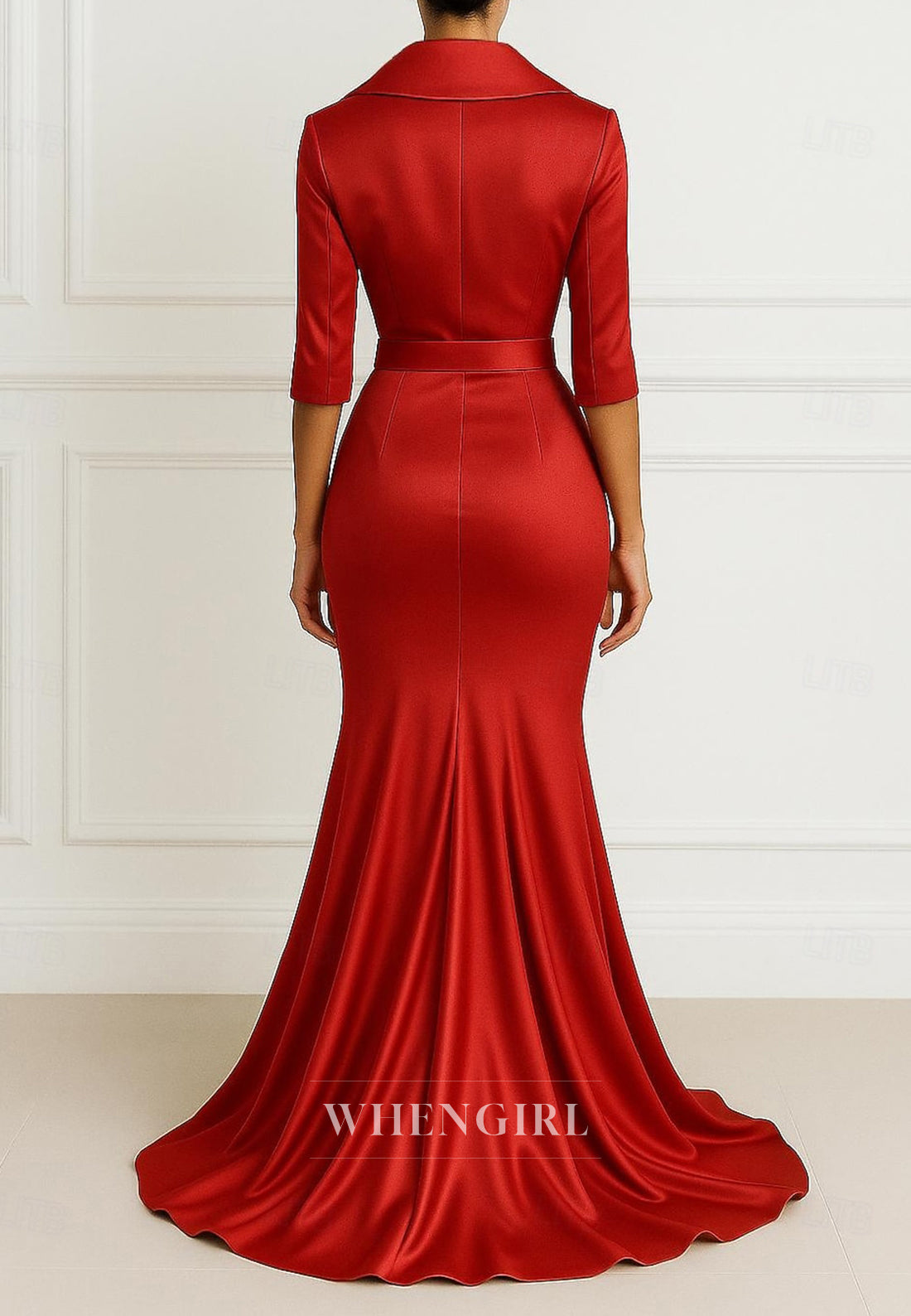 V Neck Mermaid Belt 3/4 Sleeves Sweep Train Mother of the Bride Dress