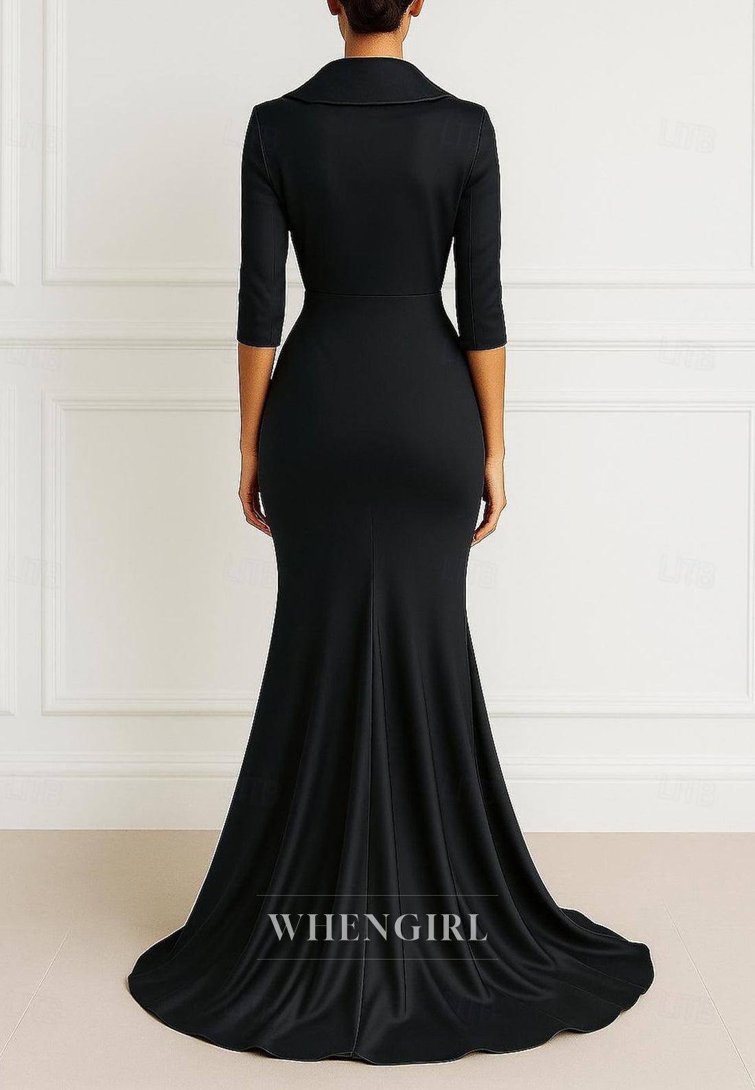 V Neck Mermaid Belt 3/4 Sleeves Sweep Train Mother of the Bride Dress