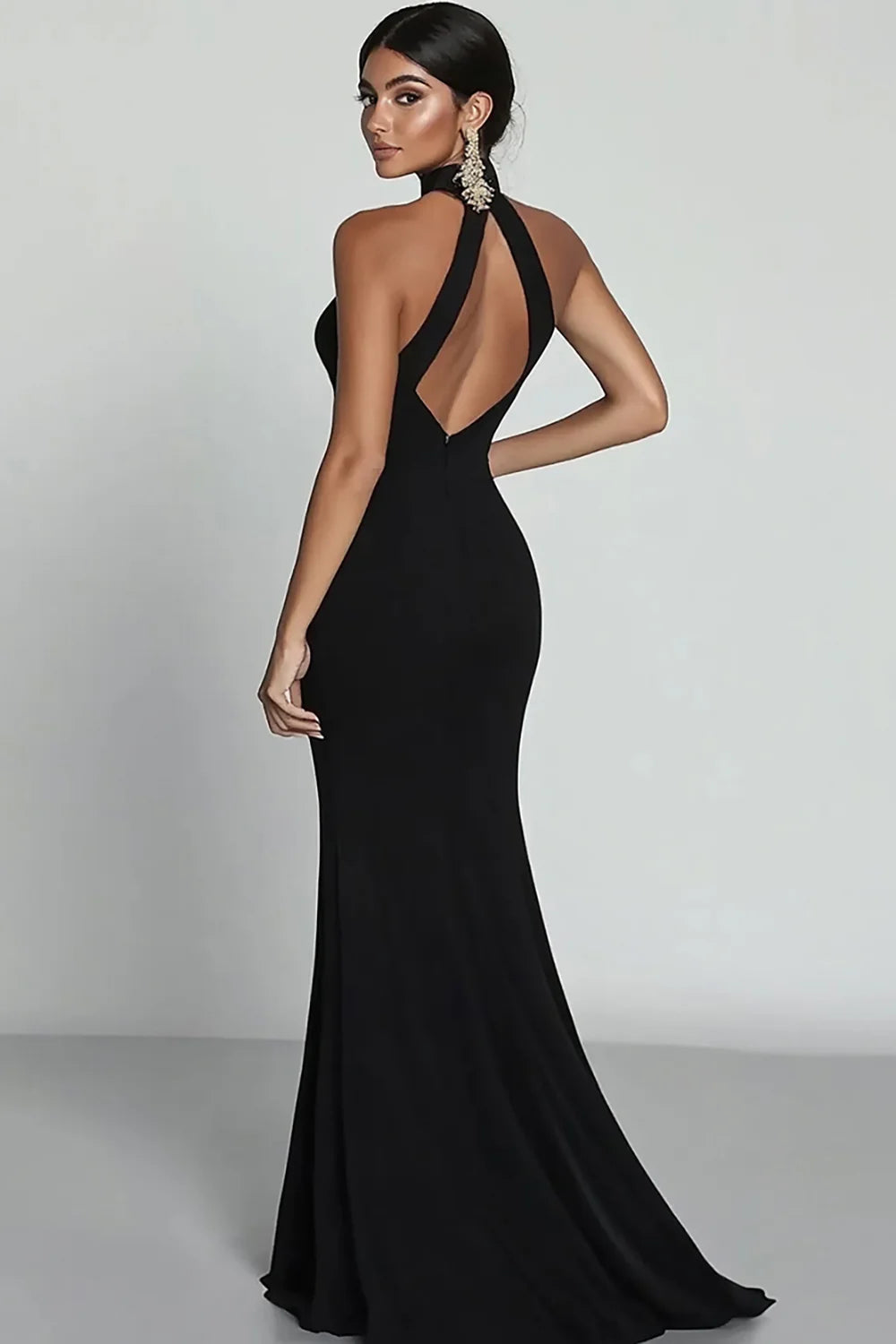 Sexy High Neck Sleeveless Sheath High Slit Satin Gala Dress Formal Gowns with Cut Outs
