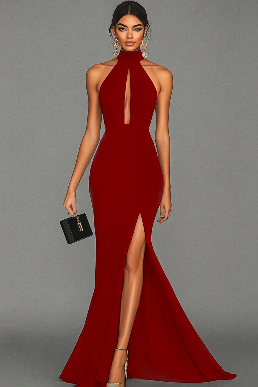 Sexy High Neck Sleeveless Sheath High Slit Satin Gala Dress Formal Gowns with Cut Outs