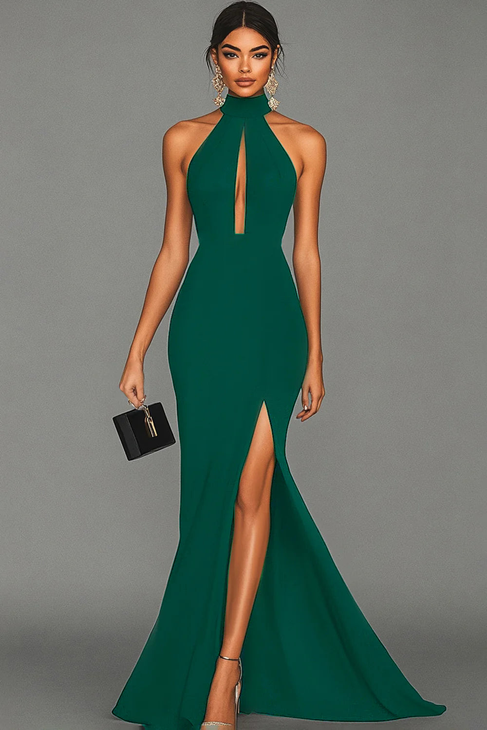 Sexy High Neck Sleeveless Sheath High Slit Satin Gala Dress Formal Gowns with Cut Outs