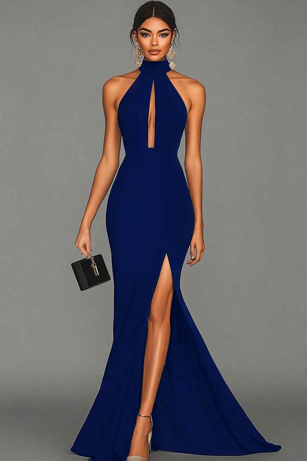 Sexy High Neck Sleeveless Sheath High Slit Satin Gala Dress Formal Gowns with Cut Outs