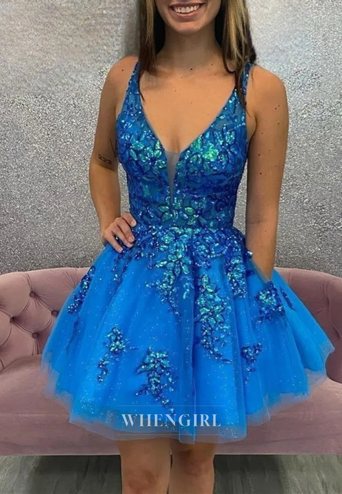 A-Line V Neck Regular Straps Sleeveless Sequins Beading Short Homecoming Dress