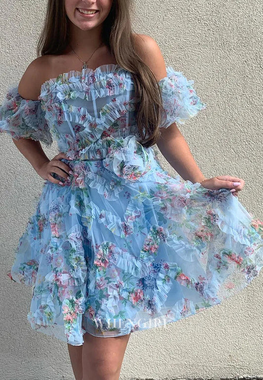 Blue Printed Off the Shoulder A-Line Short Homecoming Dress with Ruffles