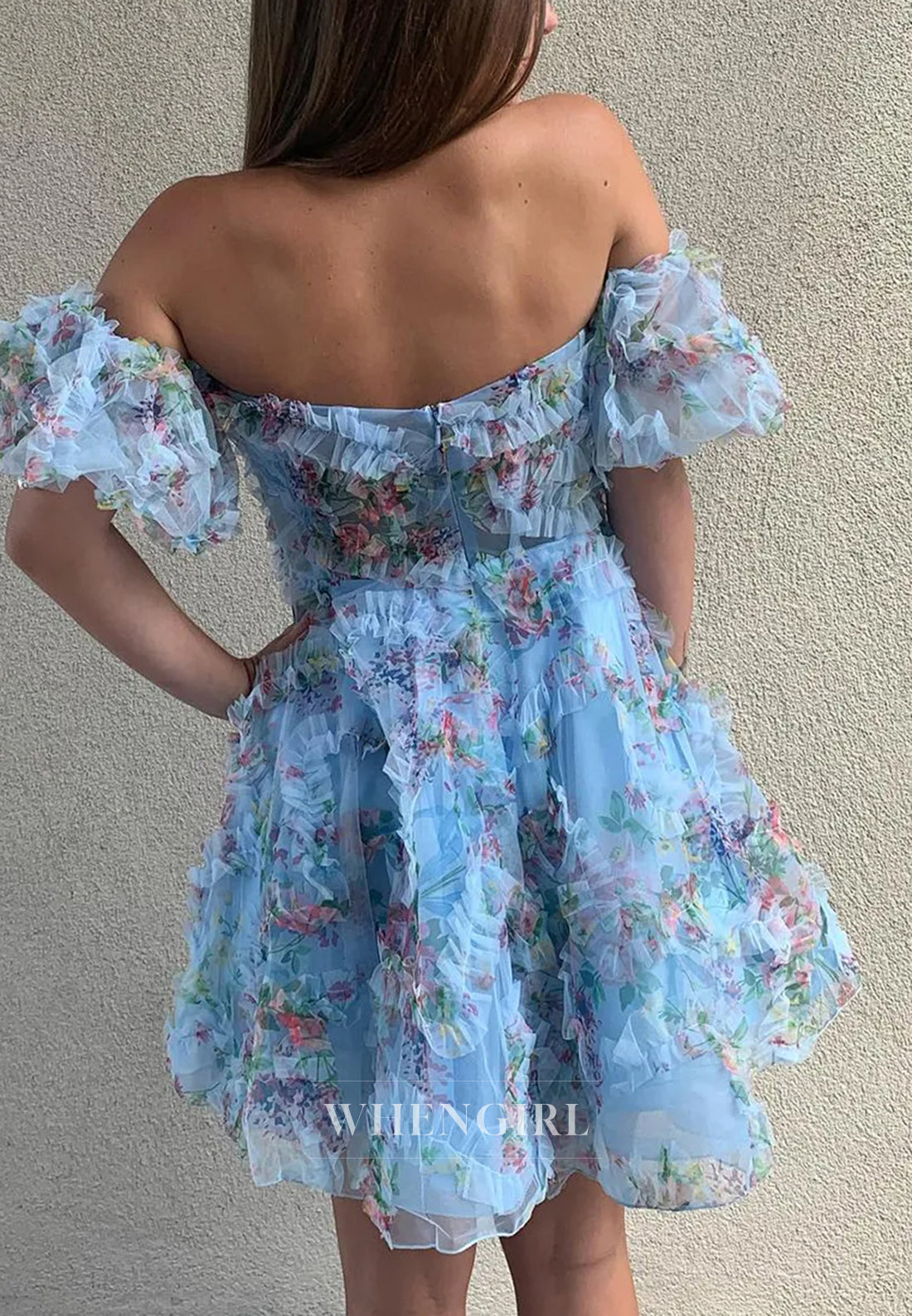 Blue Printed Off the Shoulder A-Line Short Homecoming Dress with Ruffles