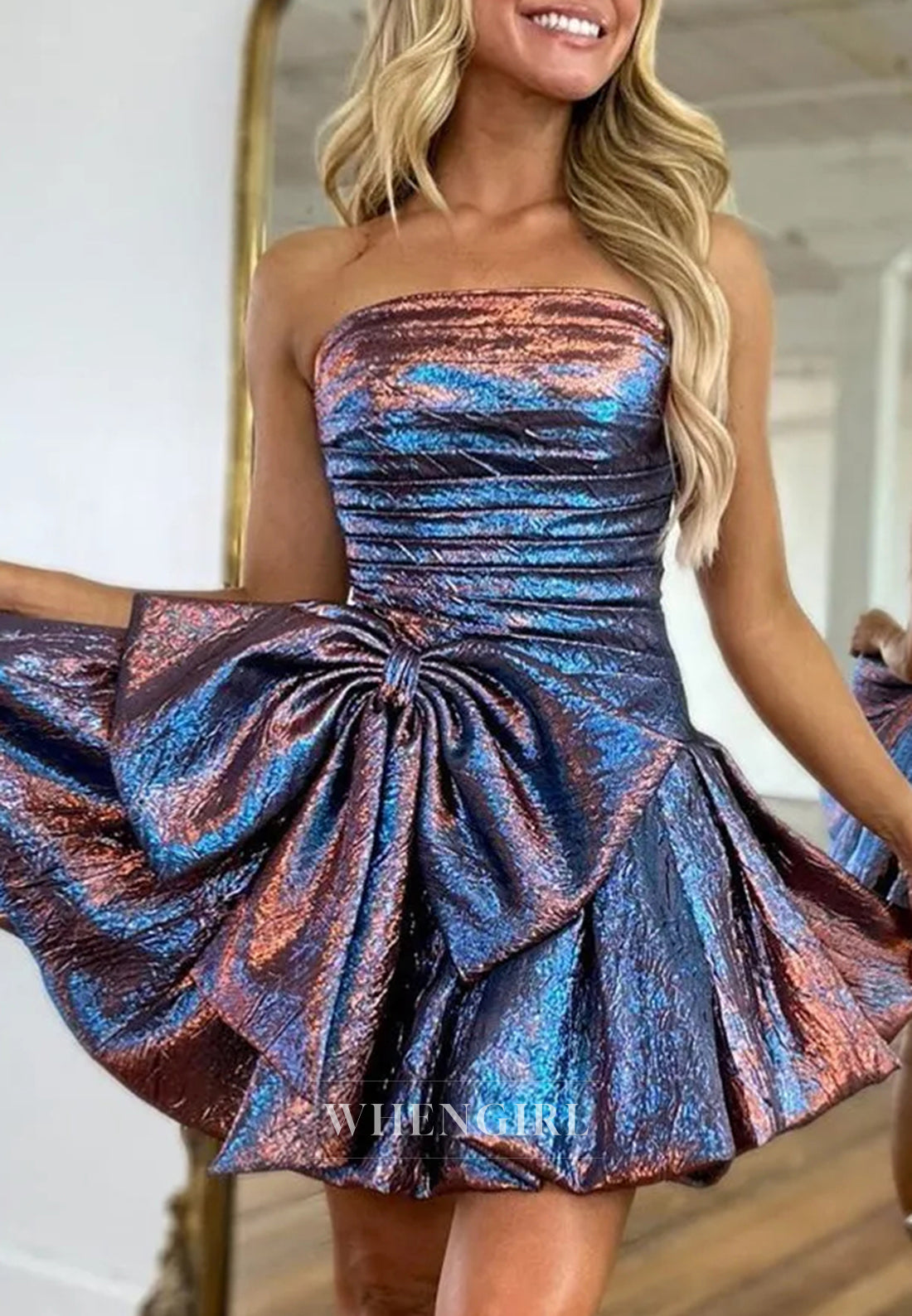 Strapless Pleated Sleeveless A-Line Short Homecoming Dress With Bow