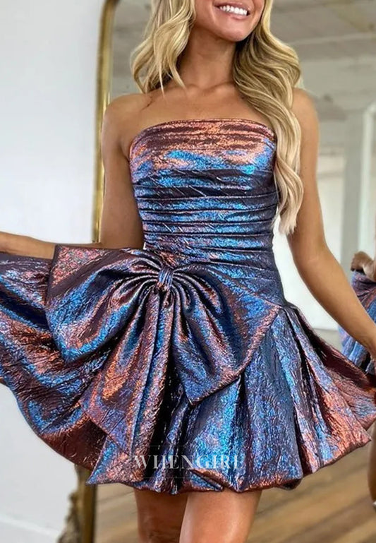 Strapless Pleated Sleeveless A-Line Short Homecoming Dress With Bow