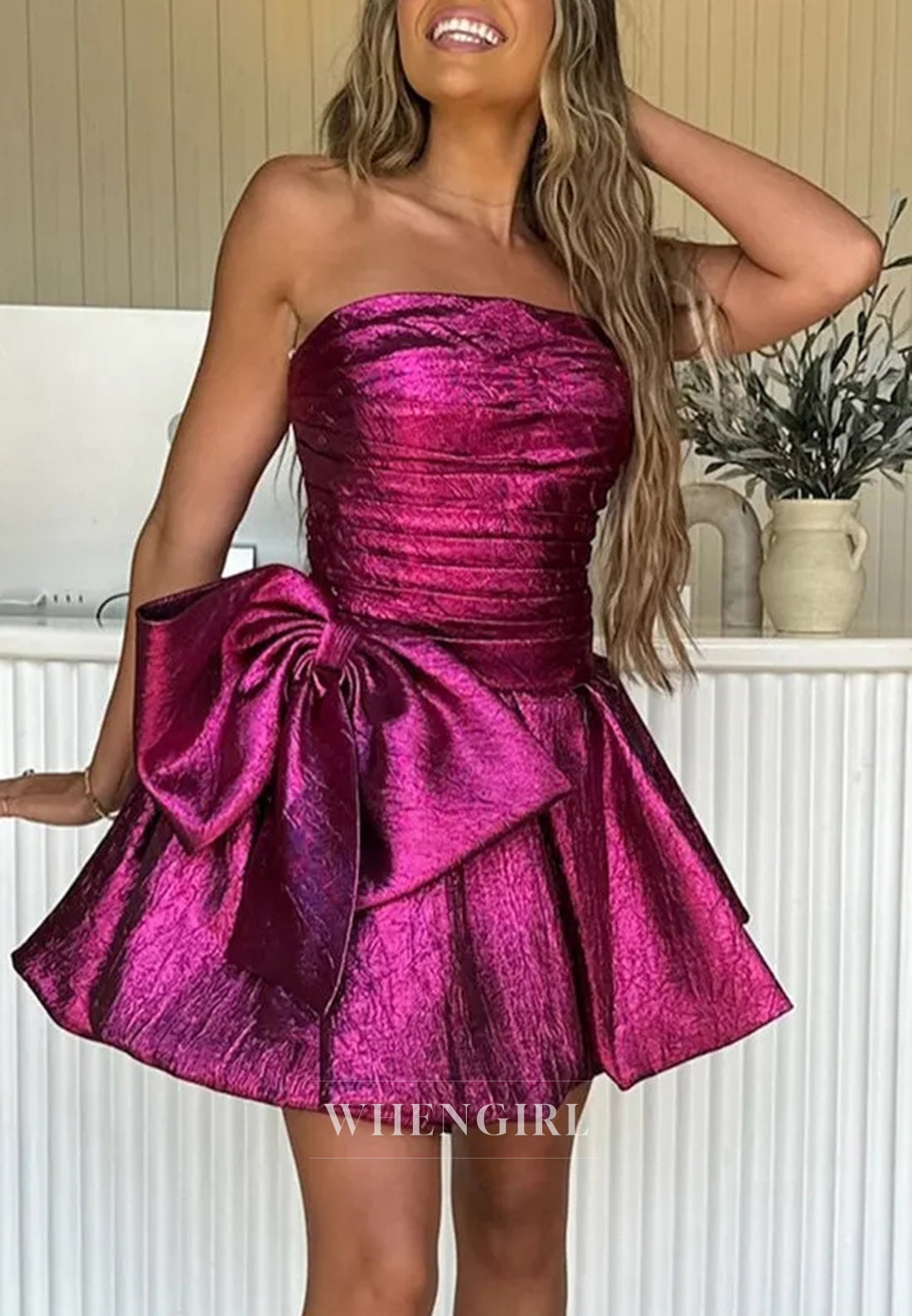 Strapless Pleated Sleeveless A-Line Short Homecoming Dress With Bow