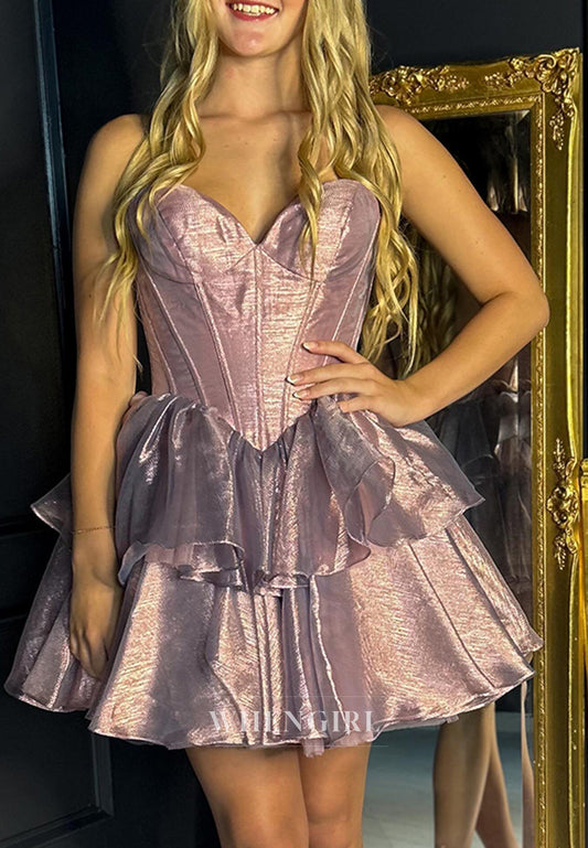 Blush Metallic Sweetheart A-Line Tiered Corset Short Homecoming Dress