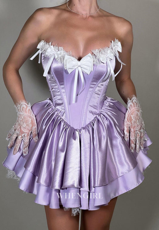Lilac V Neck Bowknots Sleeveless Ruffles A-Line Short Homecoming Dress with Gloves