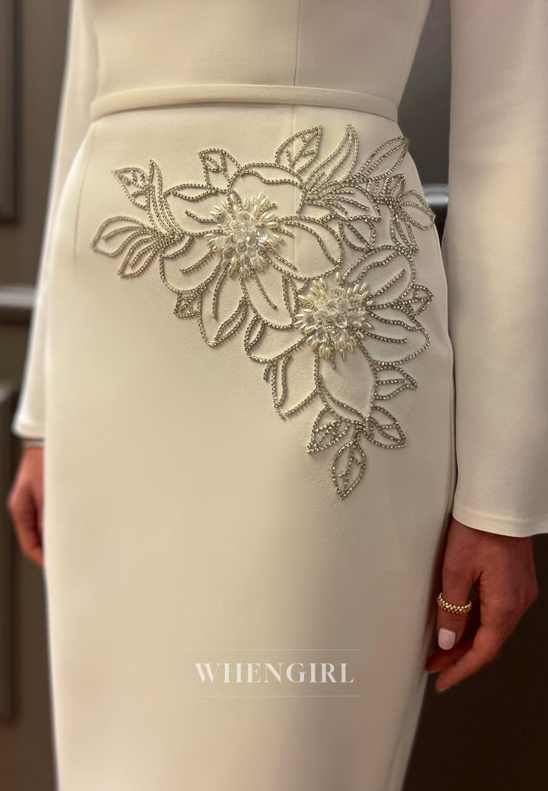 Sheath Satin Flowers Beaded Long Sleeve Wedding Dress