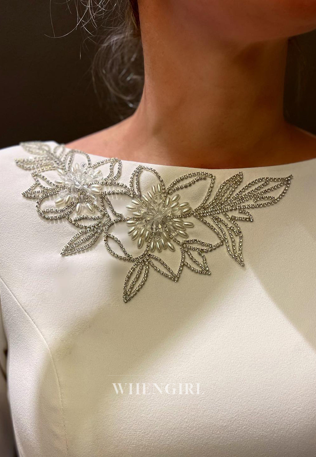 Sheath Satin Flowers Beaded Long Sleeve Wedding Dress