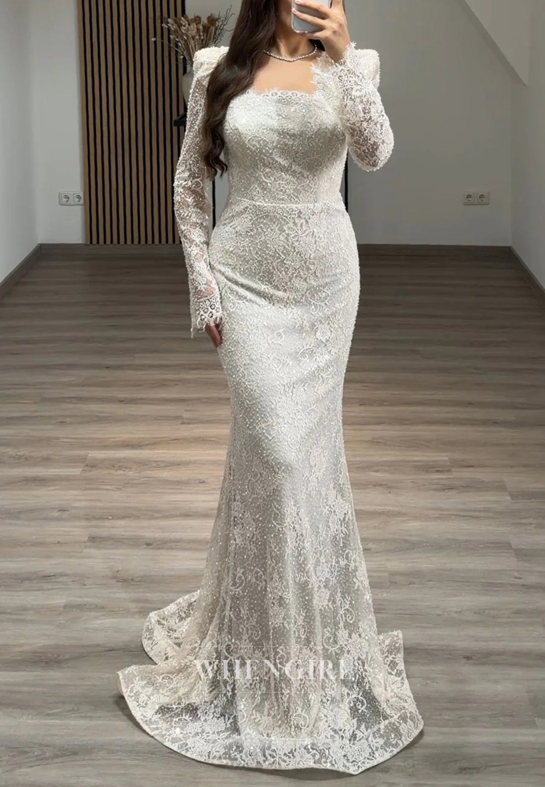 Mermaid Beaded Square Neck Long Sleeves Beaded Lace Evening Formal Dress