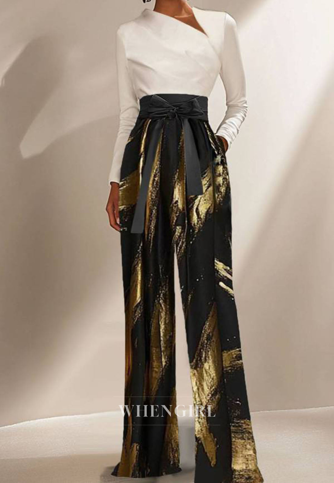 Glamorous Evening Jumpsuit Black Gold Metallic Bow Belt Jumpsuit