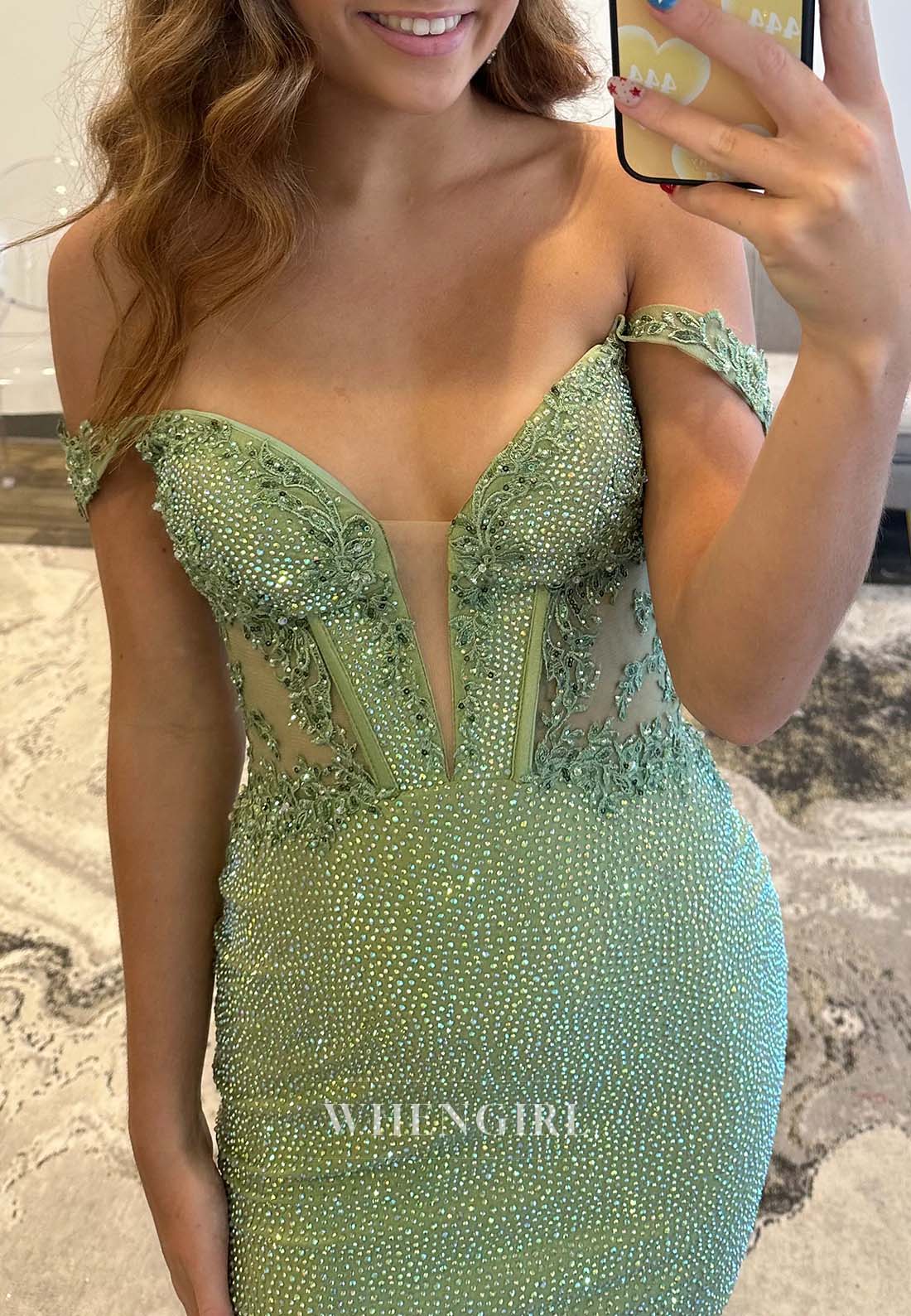 Green Sleeveless Beaded Sheath Off Shoulder Short Homecoming Dress