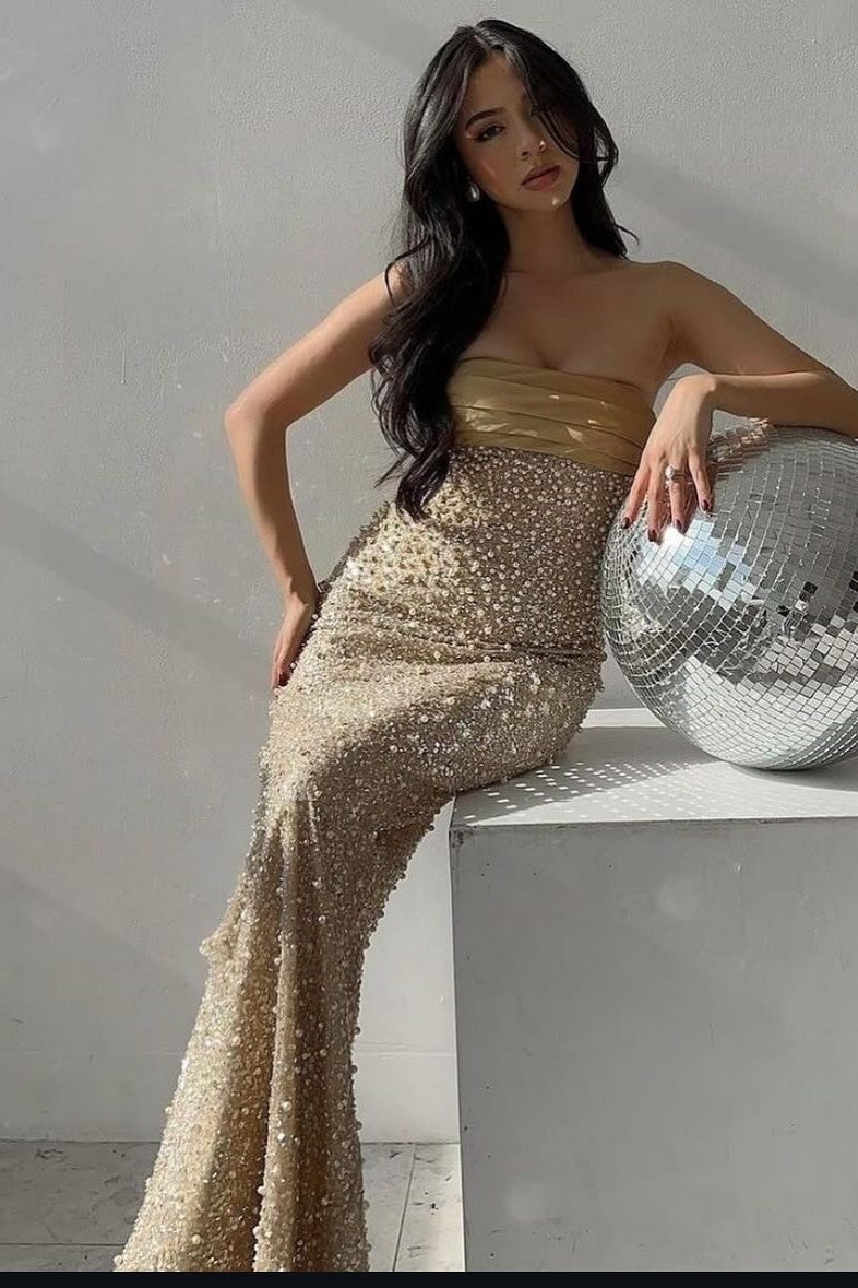 Charming Sheath Strapless Champagne Sequins Long Prom Dress with Ruched