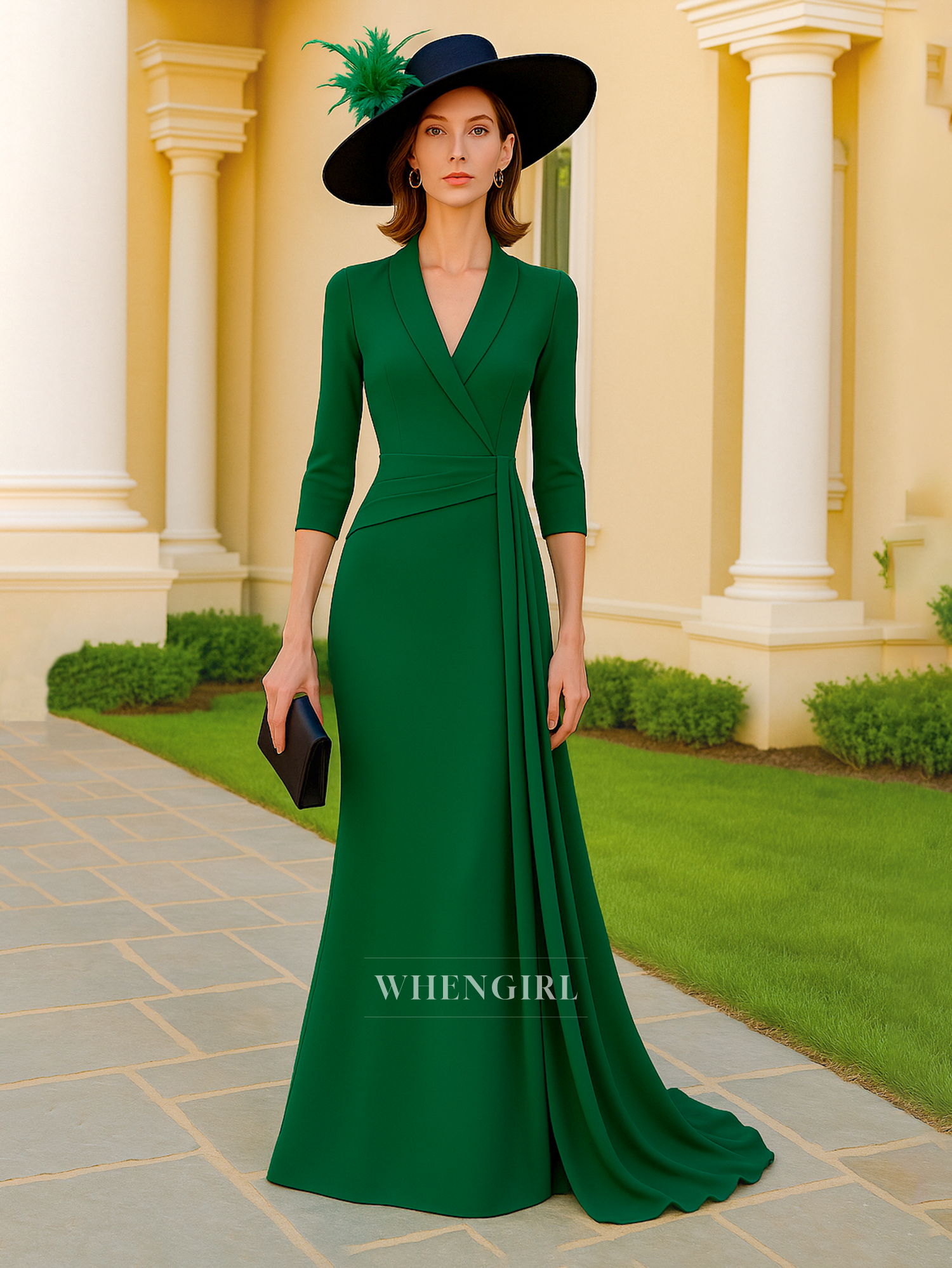 Sexy V Neck 3/4 Sleeves Elegant Column Long Mother of the Bride Dress WhenGirl Sexy V Neck 3/4 Sleeves Elegant Column Long Mother of the Bride Dress WhenGirl