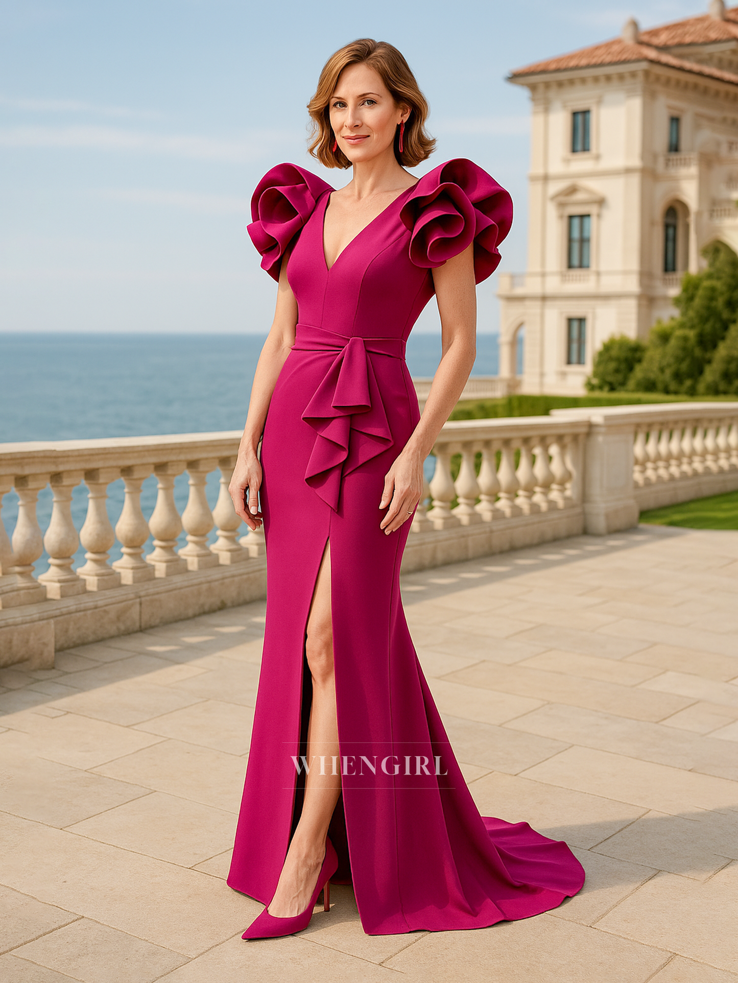 Column V Neck Short Sleeves Side Slit Elegant Long Mother of the Bride Dress