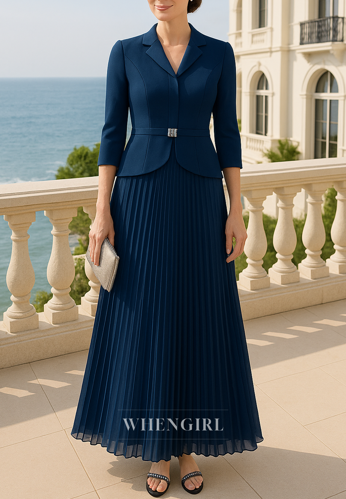 Navy Ankle Length V Neck 3/4 Sleeves A-Line Mother of the Bride Dress