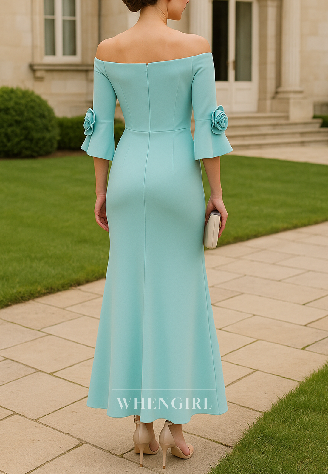 Spa 3/4 Sleeves 3D Flowers Pleated Off Shoulder Ankle Length Mermaid Mother of the Bride Dress