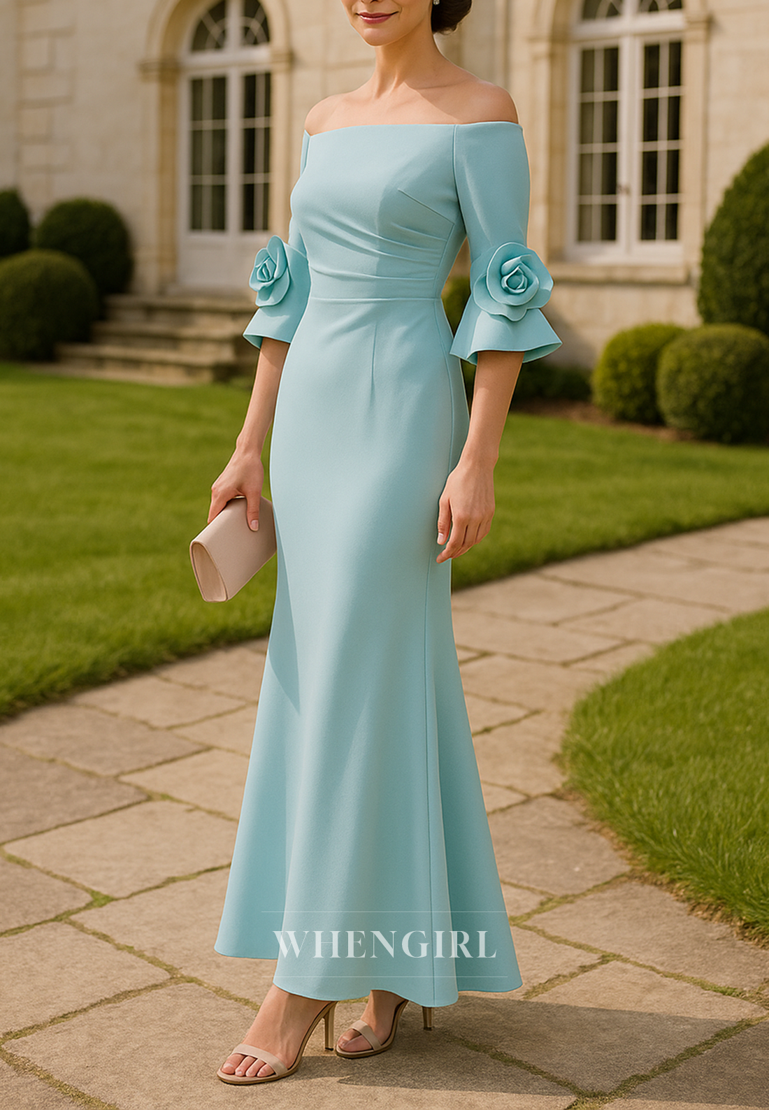 Spa 3/4 Sleeves 3D Flowers Pleated Off Shoulder Ankle Length Mermaid Mother of the Bride Dress
