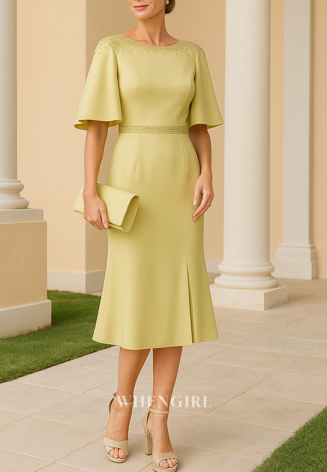 Daffodil Short Sleeves Bateau Neck Tea Length Sheath Mother of the Bride Dress