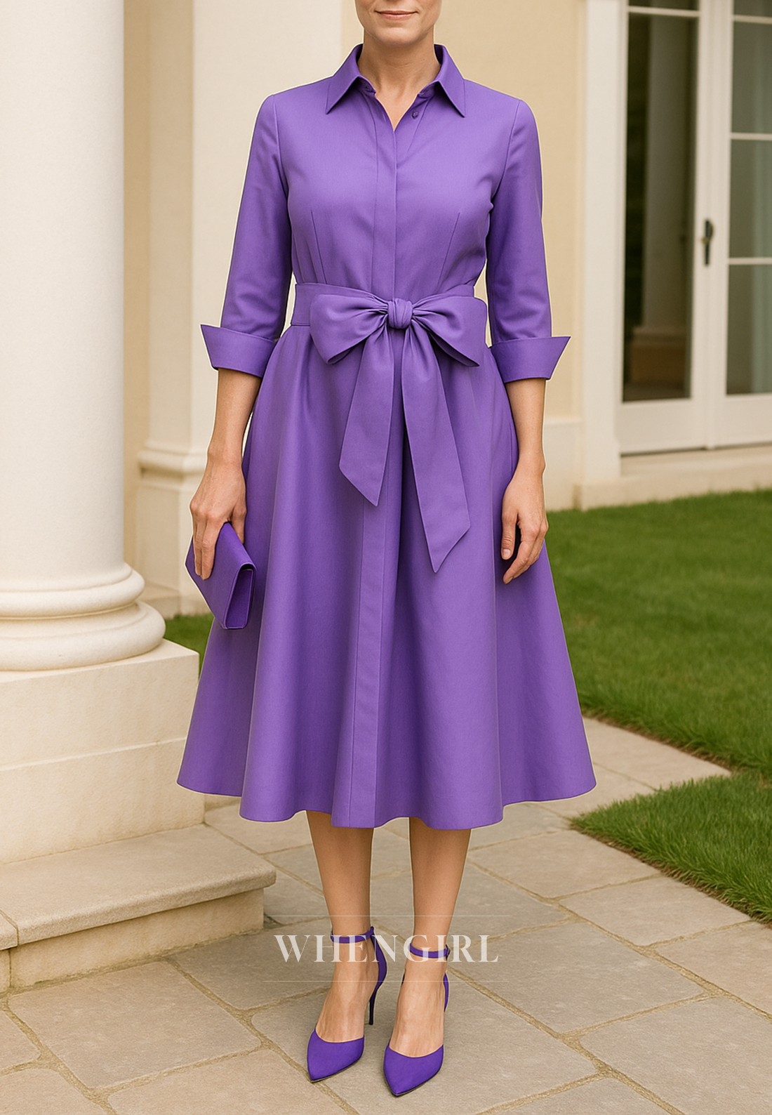 Tahiti A-Line Tea Length 3/4 Sleeves Bowknot Mother of the Bride Dress