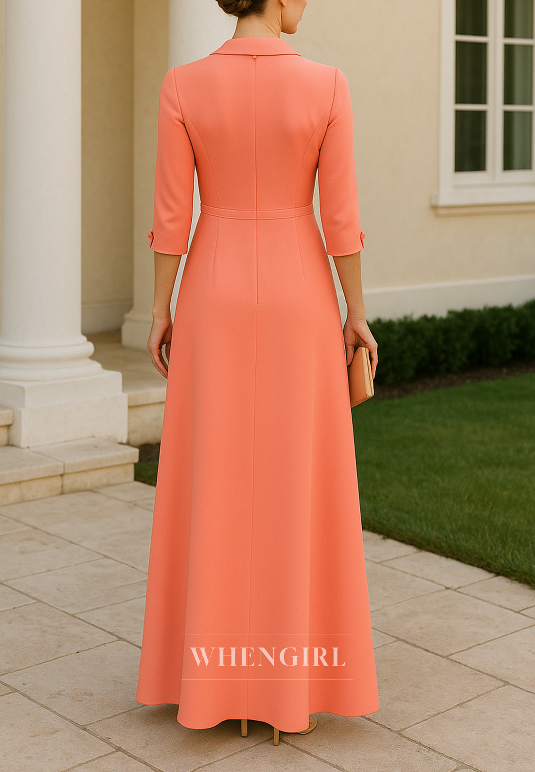 Sake Orange V Neck 3/4 Sleeves Ankle Length Column Mother of the Bride Dress