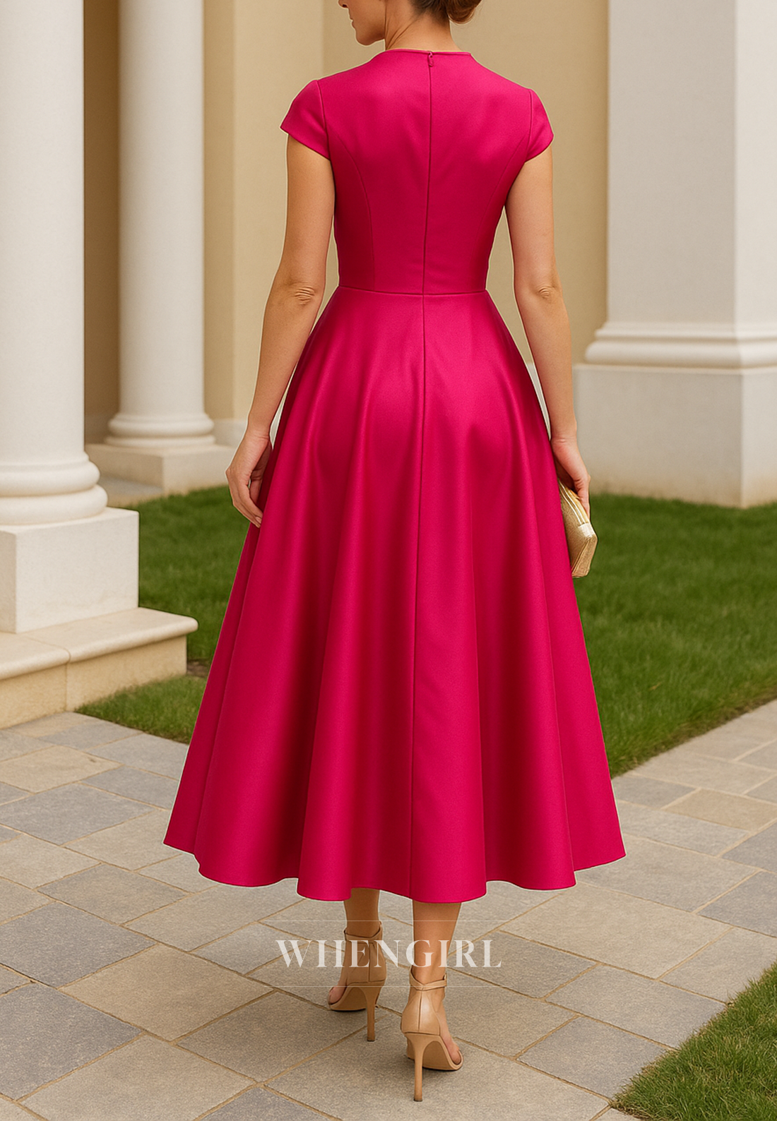 A-Line Tea Length Cap Sleeves V Neck 3D Flower Satin Mother of the Bride Dress