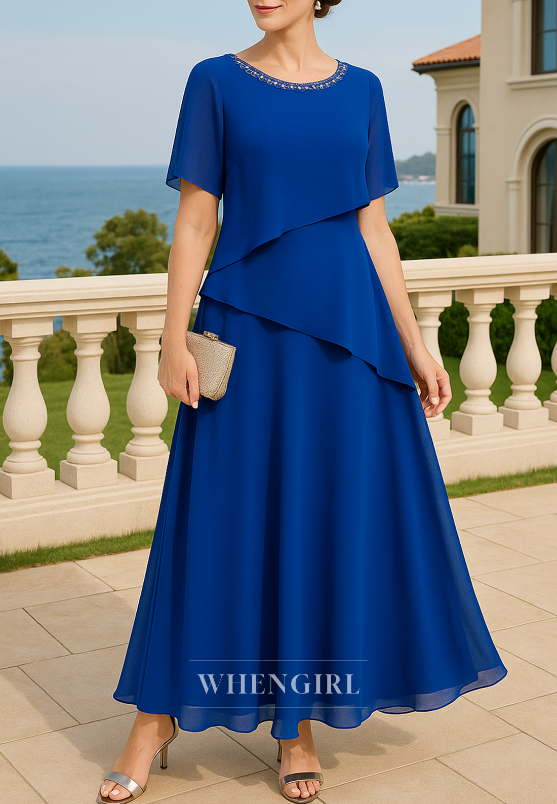 Royal Blue Scoop Neck Short Sleeves A-Line Chiffon Beaded Mother of the Bride Dress