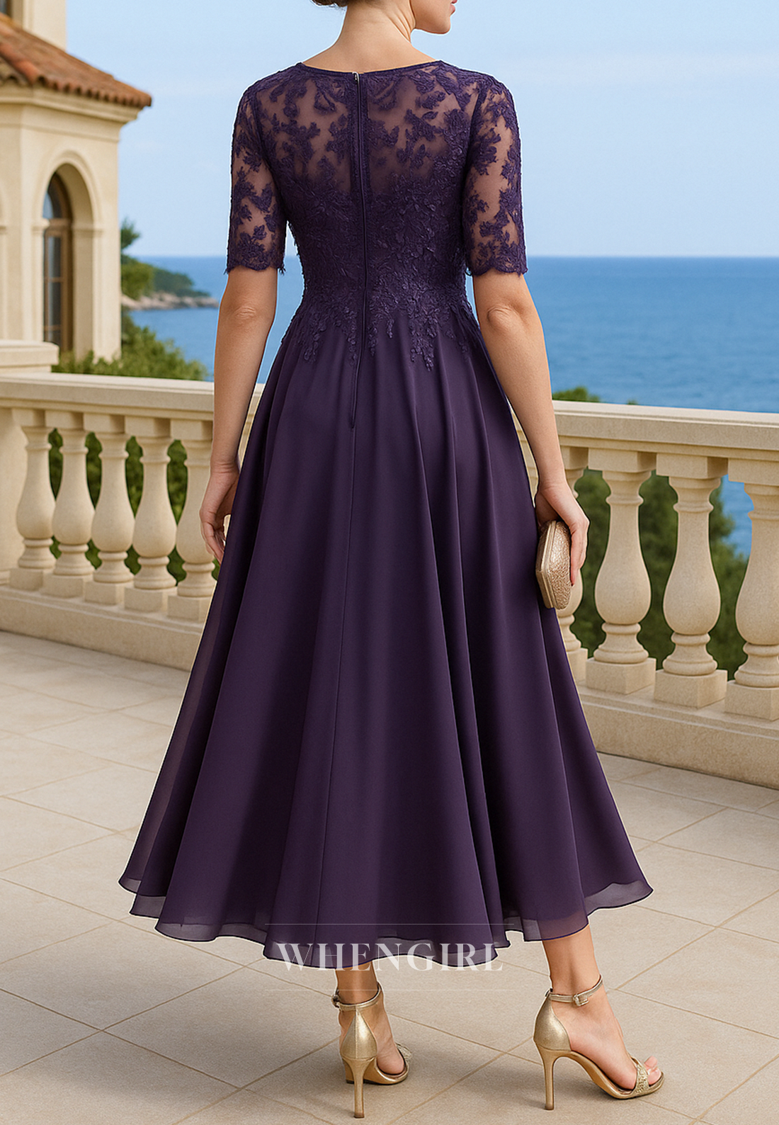 Raspberry Ruffles Tea Length Appliqued Lace A-Line Chiffon Mother of the Bride Dress