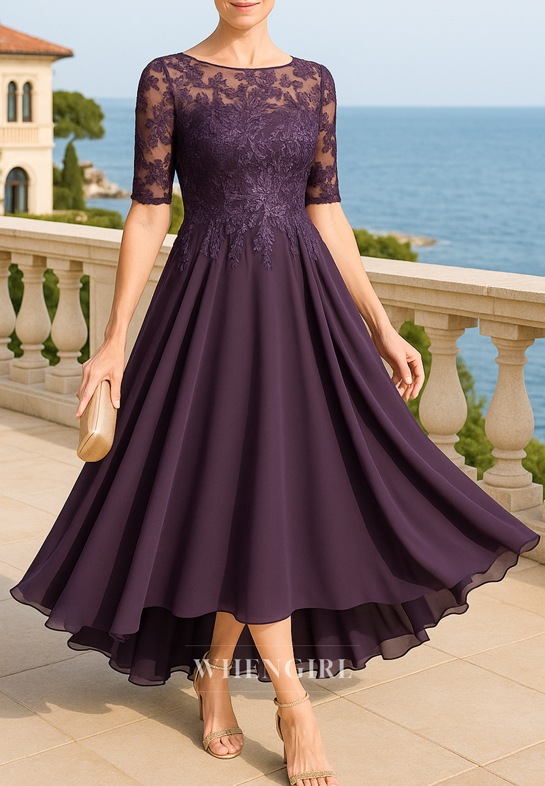 Raspberry Ruffles Tea Length Appliqued Lace A-Line Chiffon Mother of the Bride Dress