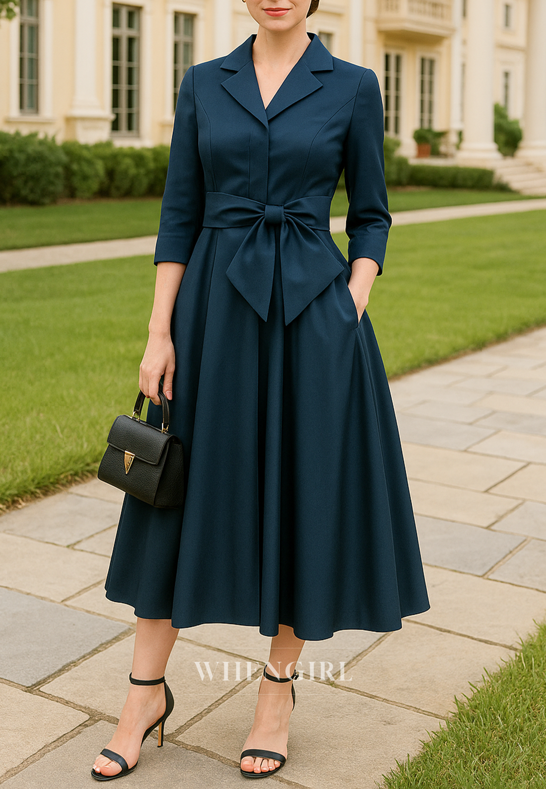Navy V Neck Tea Length 3/4 Sleeves A-Line Mother of the Bride Dress