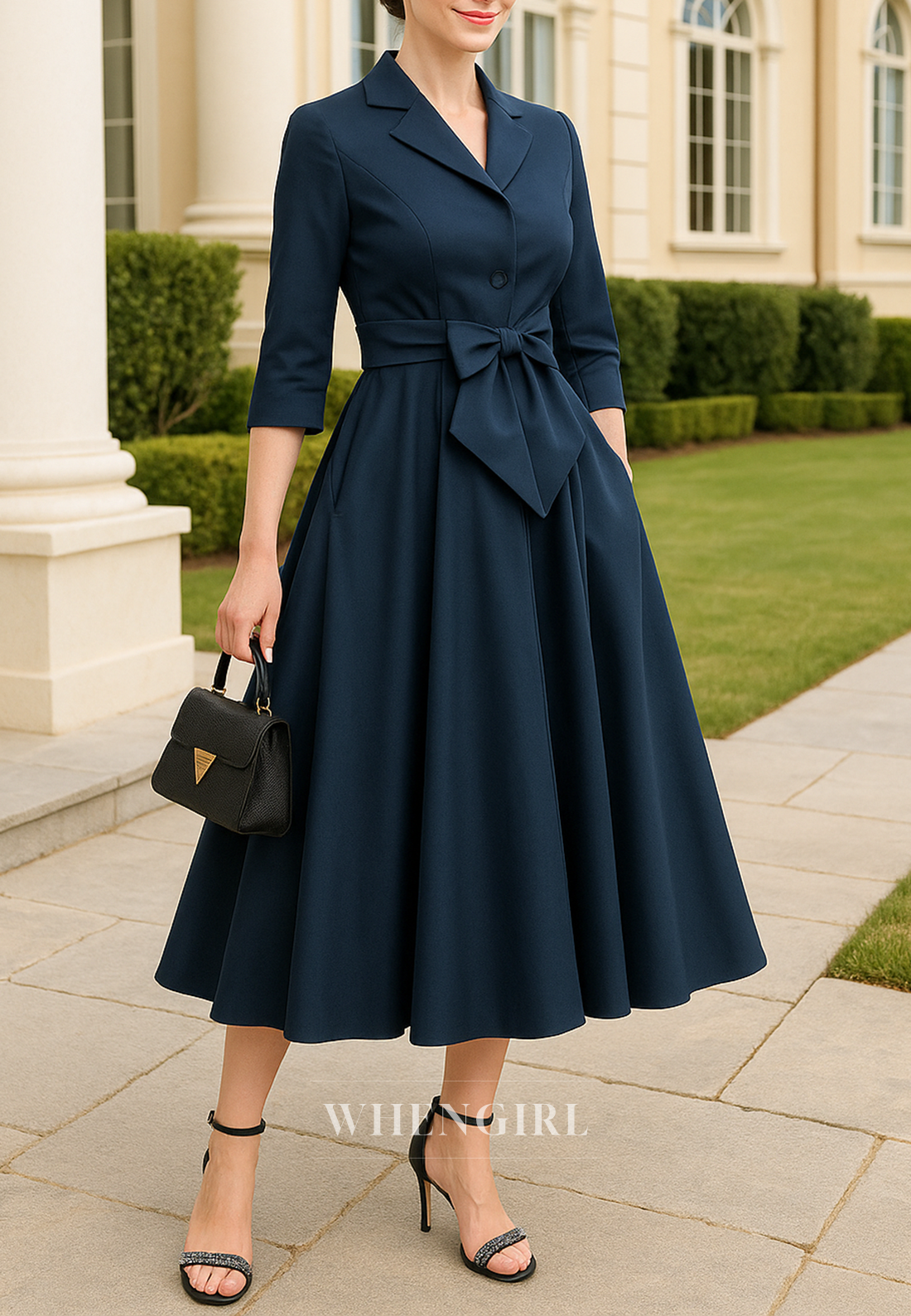 Navy V Neck Tea Length 3/4 Sleeves A-Line Mother of the Bride Dress