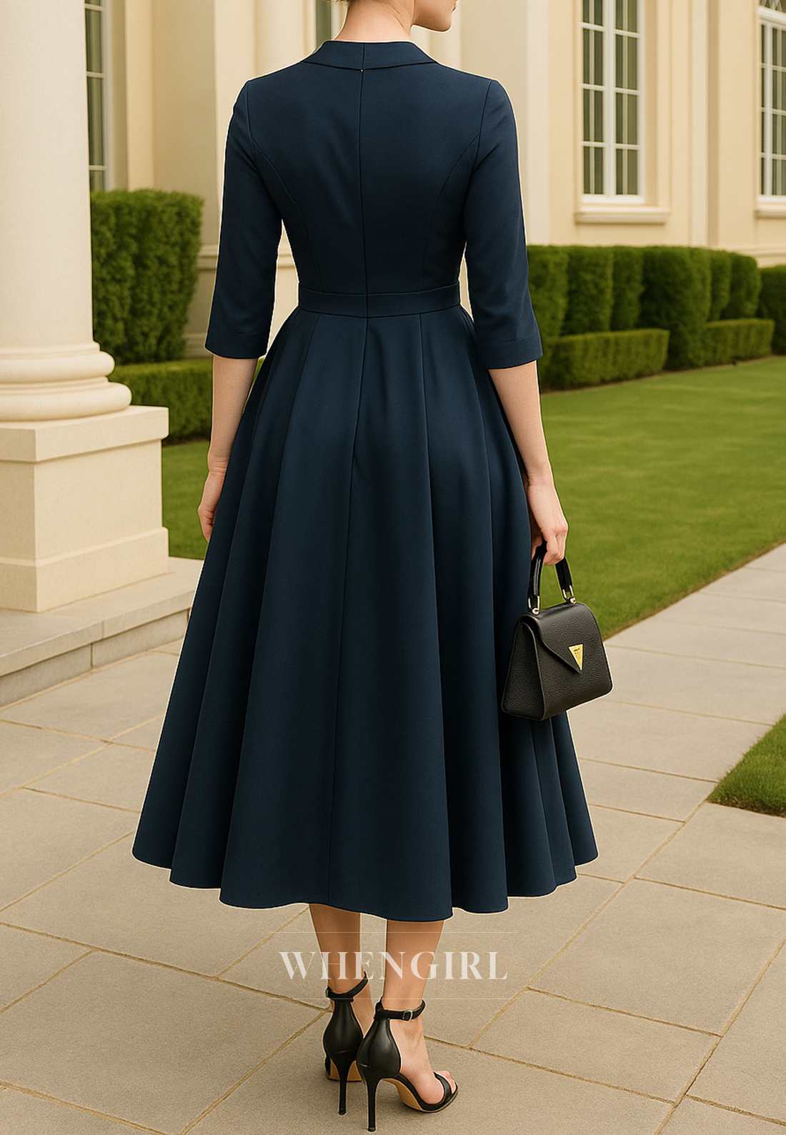 Navy V Neck Tea Length 3/4 Sleeves A-Line Mother of the Bride Dress
