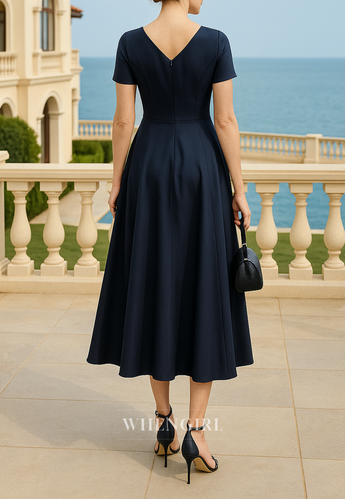 Navy Short Sleeves V Neck A-Line Satin Tea Length Mother of the Bride Dress