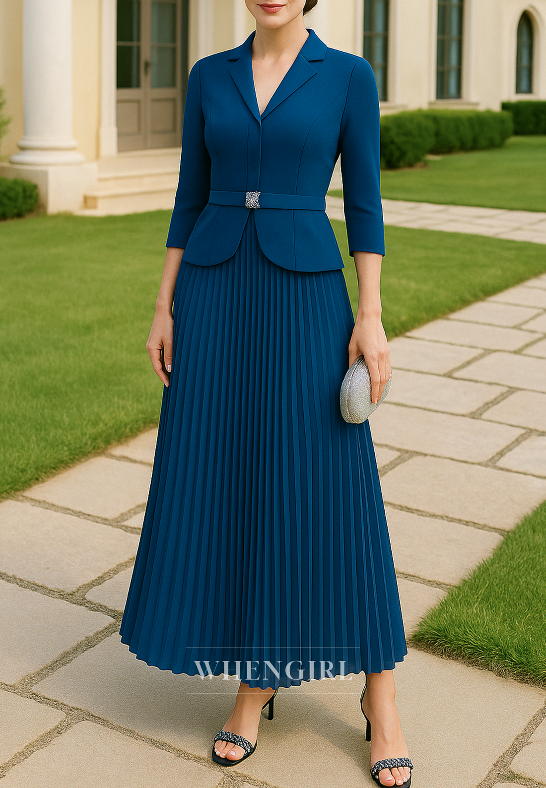 Navy Ankle Length V Neck 3/4 Sleeves A-Line Mother of the Bride Dress