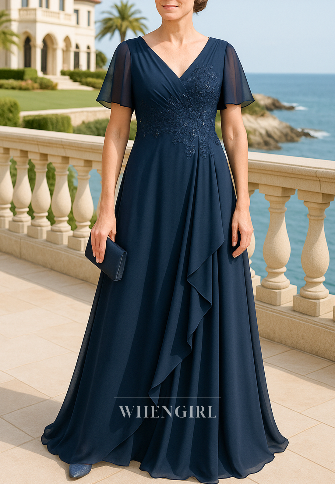 Navy V Neck Appliqued Short Sleeves Floor Length A-Line Chiffon Mother of the Bride Dress